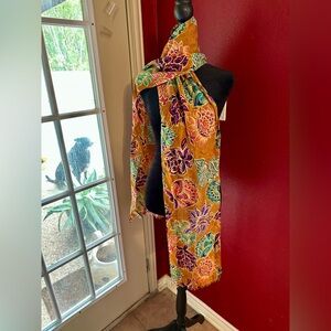 Vintage New York Studio 100% Silk Floral Scarf Wrap Boho Mustard Korea